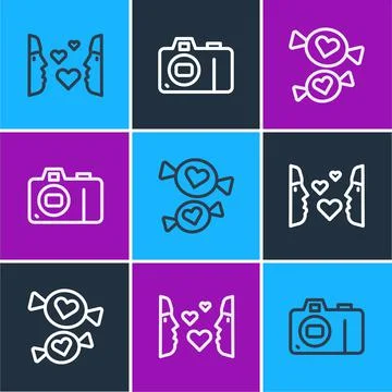 Set line Love at first sight, Candy and Photo camera icon. Vector Illustrazione stock