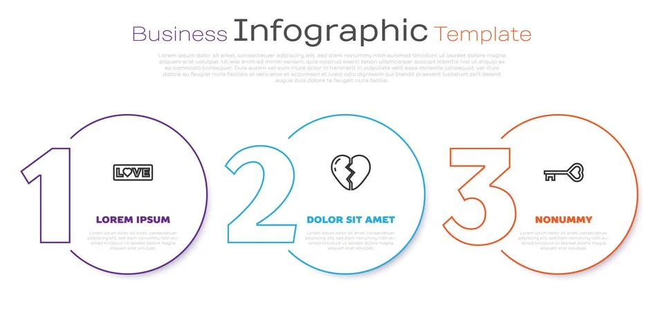Set line Love text, Broken heart and Key in shape. Business infographic tem.. Stock Illustration