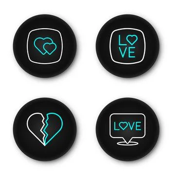 Set line Love text, Broken heart or divorce,  and Heart icon. Vector Stock Illustration