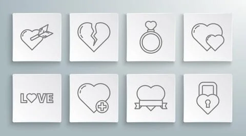 Set line Love text, Broken heart or divorce, Heart, and ribbon, Castle in t.. Stock Illustration