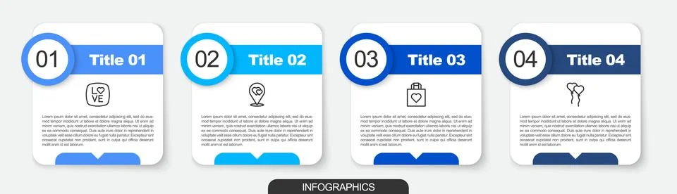 Set line Love text, Location with heart, Shopping bag and Balloons form of Stock Illustration