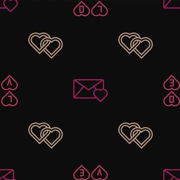 Set line Love text, Two Linked Hearts and Envelope with Valentine heart on Stock Illustration