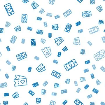 Set line Love ticket, Mobile with heart and Dating app online on seamless Stock Illustration