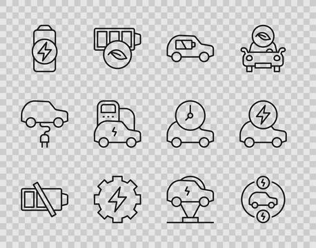 Set line Low battery, Electric car, Gear and lightning, Battery charge,  an.. Stock-Illustration