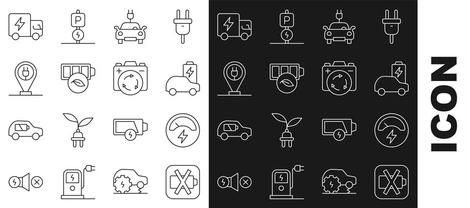 Set line Low battery, Voltmeter, Electric car, Eco nature leaf, Charging park Ilustração Stock
