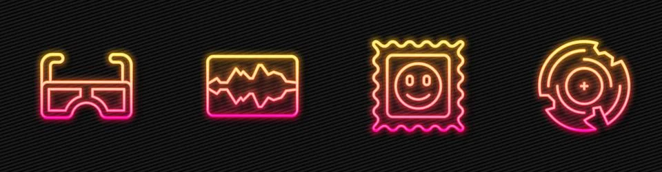 Set line LSD acid mark, Glasses, Music wave equalizer and Vinyl disk. Glowing Illustrazione stock