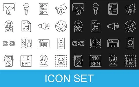 Set line LSD acid mark, Music player, Vinyl disk, playlist, MP3 file docume.. Stock Illustration