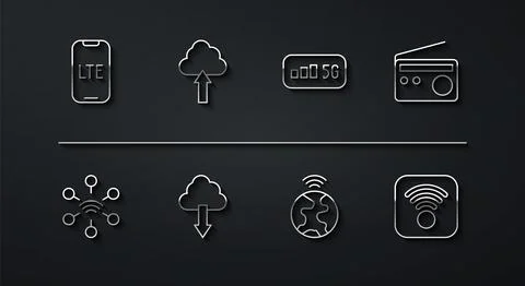 Set line LTE network, Network, Radio, Global technology, Cloud download, up.. Stockillustratie