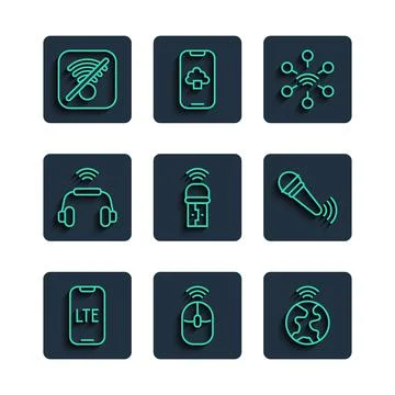 Set line LTE network, Wireless computer mouse, Global technology, Network, Usb Stock Illustration