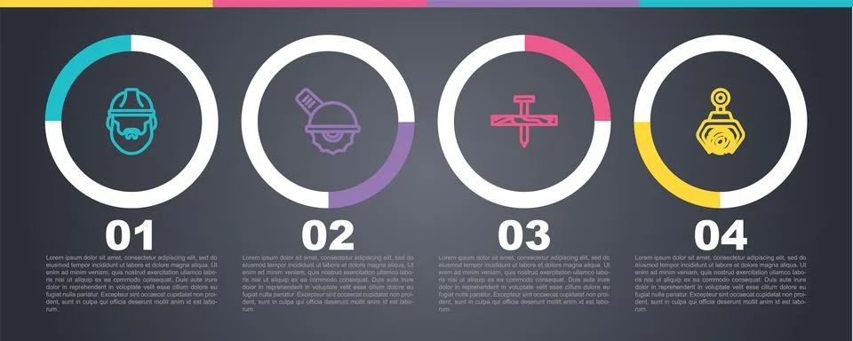 Set line Lumberjack, Electric circular saw, Metallic nail and Grapple crane g Stock Illustration
