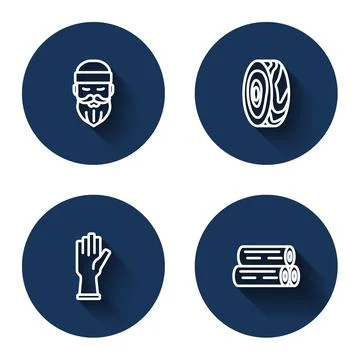 Set line Lumberjack, Tree rings, Protective gloves and Wooden log with long Stock Illustration
