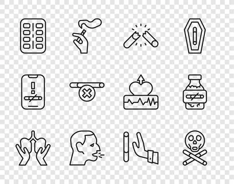 Set line Lungs, Bones and skull, Broken cigarette, Man coughing, Nicotine g.. Ilustração Stock