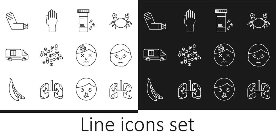 Set line Lungs, Inflammation on face, Medicine bottle and pills, or tablet,.. 스톡 일러스트