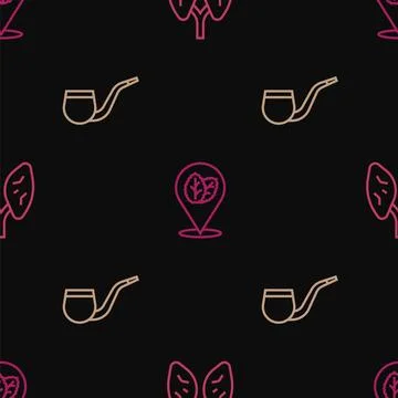 Set line Lungs, No pipe smoking and Tobacco leaf on seamless pattern. Vector Illustrazione stock
