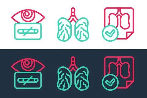 Set line Lungs x-ray diagnostics, Hypnosis and Disease lungs icon. Vector Stock Illustration