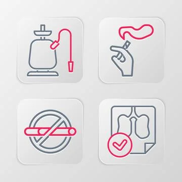 Set line Lungs x-ray diagnostics, No smoking, Hand with cigarette and Hooka.. Illustrazione stock