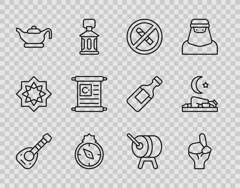 Set line Lute, Hands in praying position, No Smoking, Qibla, Oil lamp, Holy book Stock Illustration
