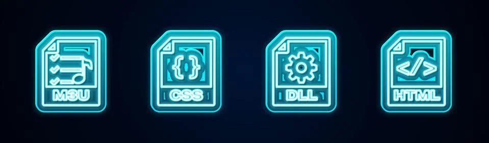 Set line M3U file document, CSS, DLL and HTML. Glowing neon icon. Vector Stock Illustration