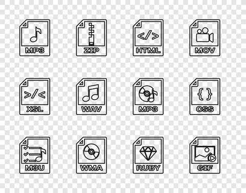 Set line M3U file document, GIF, HTML, WMA, MP3, WAV, RUBY and CSS icon. Vector Illustration