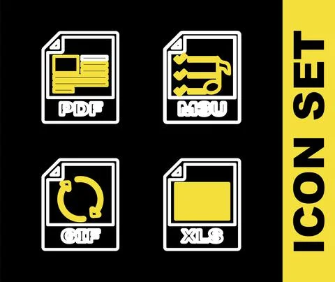Set line M3U file document, XLS, GIF and PDF icon. Vector Illustrazione stock