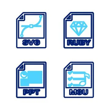 Set line M3U file document, PPT, RUBY and SVG icon. Vector Illustrazione stock