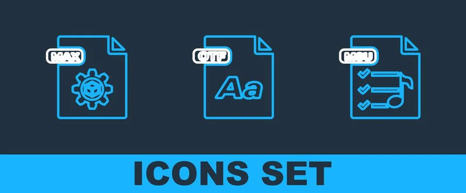 Set line M3U file document, MAX and OTF icon. Vector Illustrazione stock