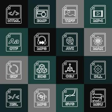 Set line M3U file document, DLL, MAX, TIFF, MP3, OTF, HTML and AVI icon. Vector 库存插图