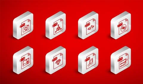 Set line M3U file document, OBJ, HTML, WMA, WAV, RAW, RUBY and GIF icon. Vector Illustrazione stock