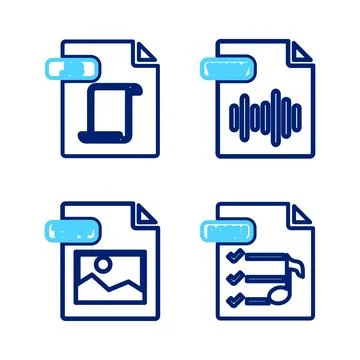 Set line M3U file document, TIFF, WAV and JS icon. Vector Ilustración de archivo
