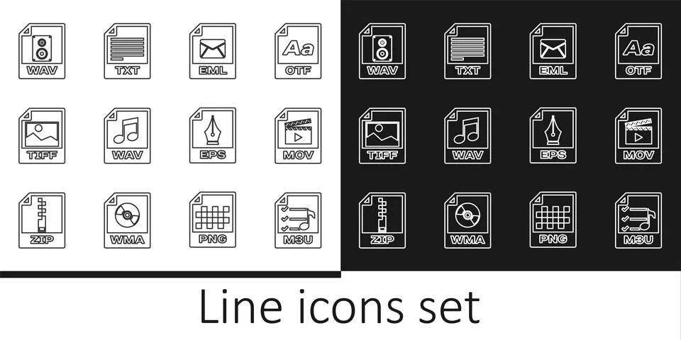 Set line M3U file document, MOV, EML, WAV, TIFF, EPS and TXT icon. Vector Stock Illustration