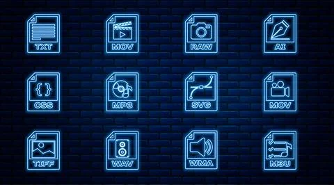 Set line M3U file document, MOV, RAW, MP3, CSS, TXT, SVG and  icon. Vector Stock Illustration