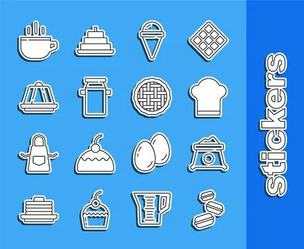 Set line Macaron cookie, Bag of flour, Chef hat, Ice cream in waffle cone, .. Stock Illustration