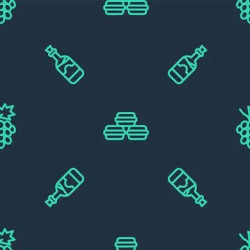 Set line Macaron cookie, Bottles of wine and Grape fruit on seamless pattern 스톡 일러스트