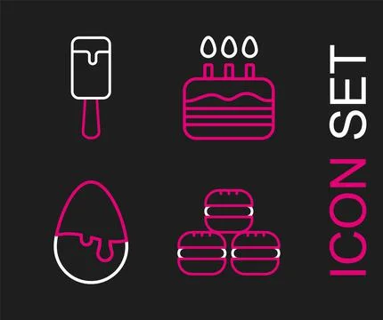 Set line Macaron cookie, Chocolate egg, Cake with burning candles and Ice cream Stock Illustration