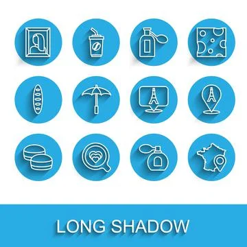 Set line Macaron cookie, Coffee cup, Portrait picture in museum, Perfume, Map Stock Illustration