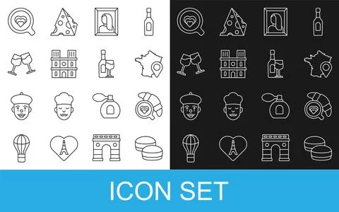 Set line Macaron cookie, Coffee cup with croissant, Map France, Portrait picture Illustrazione stock