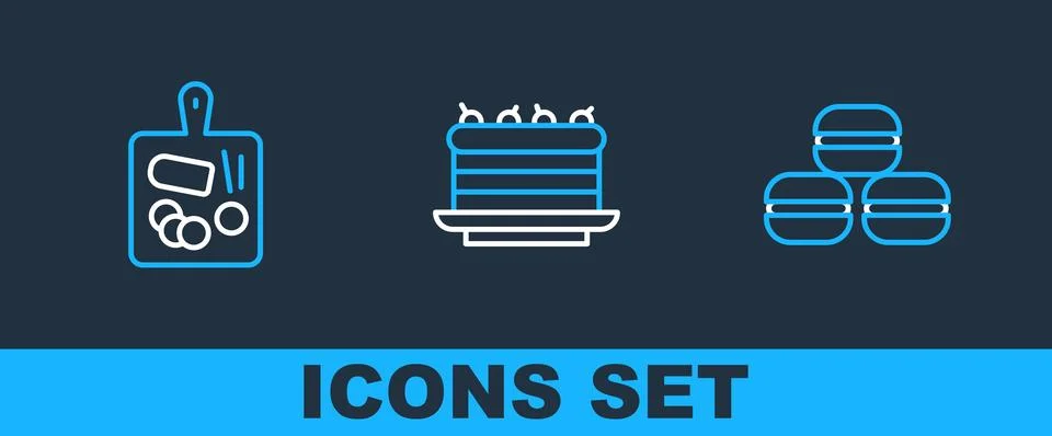 Set line Macaron cookie, Cutting board and Cake icon. Vector Stock Illustration