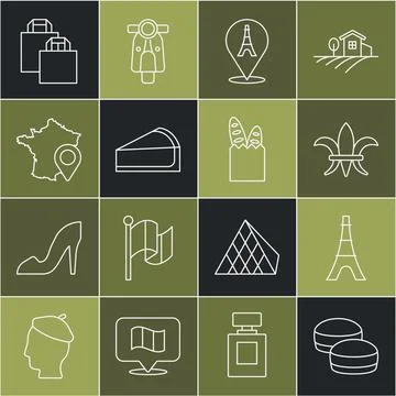 Set line Macaron cookie, Eiffel tower, Fleur De Lys, Cherry cheesecake slice Stock Illustration