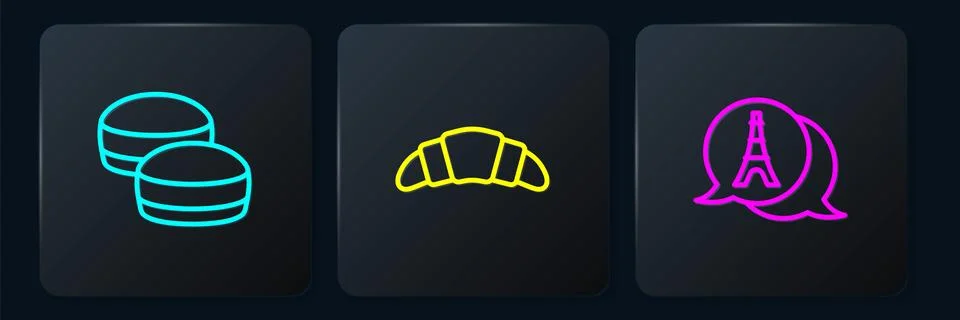 Set line Macaron cookie, Eiffel tower and Croissant. Black square button. Vector Stock Illustration