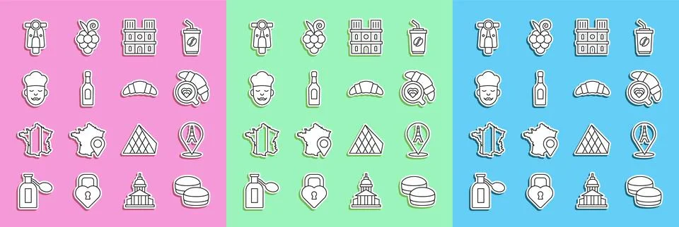 Set line Macaron cookie, Eiffel tower, Coffee cup with croissant, Notre Dam.. Stock Illustration
