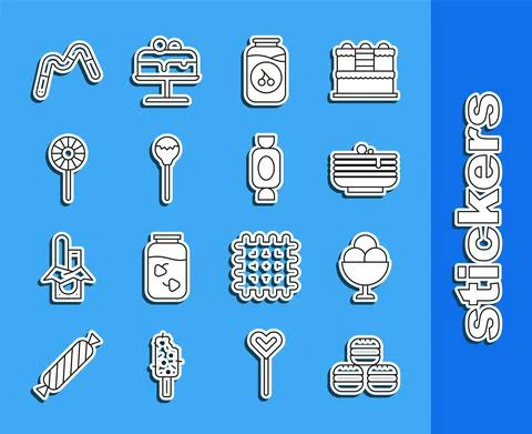 Set line Macaron cookie, Ice cream in bowl, Stack of pancakes, Cherry jam jar Stock Illustration