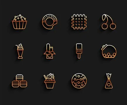 Set line Macaron cookie, Ice cream in bowl, Cupcake, Cookie or biscuit, Can.. Stock Illustration