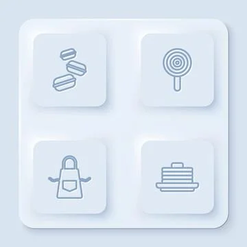 Set line Macaron cookie, Lollipop, Kitchen apron and Stack of pancakes. White Stock Illustration