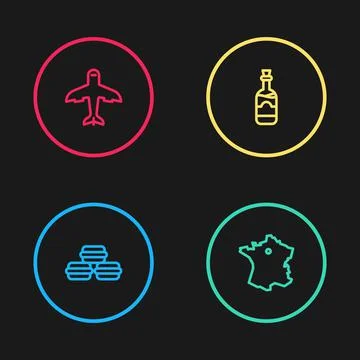 Set line Macaron cookie, Map of France, Bottles wine and Plane icon. Vector Stock Illustration