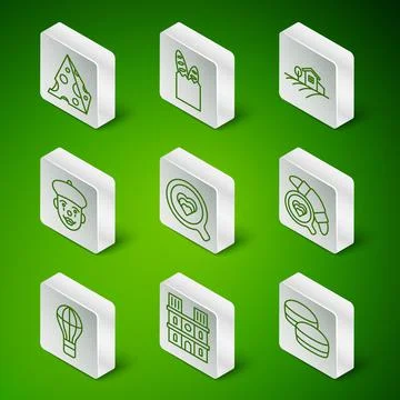 Set line Macaron cookie, Notre Dame de Paris, Cheese, Coffee cup, French mime Stock Illustration