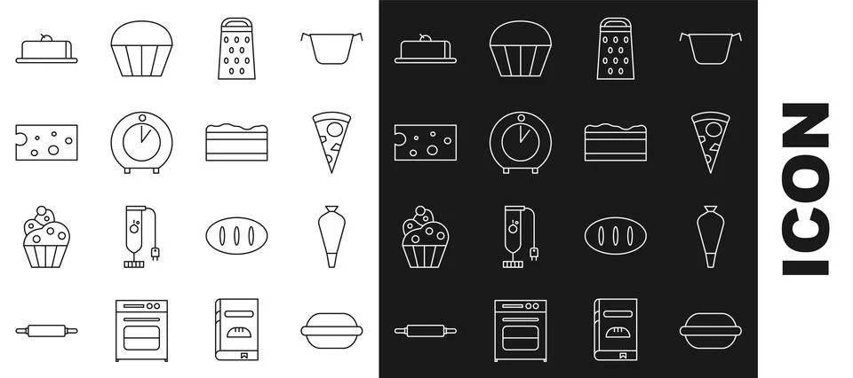 Set line Macaron cookie, Pastry bag for decorate cakes, Slice of pizza, Gra.. Illustrazione stock