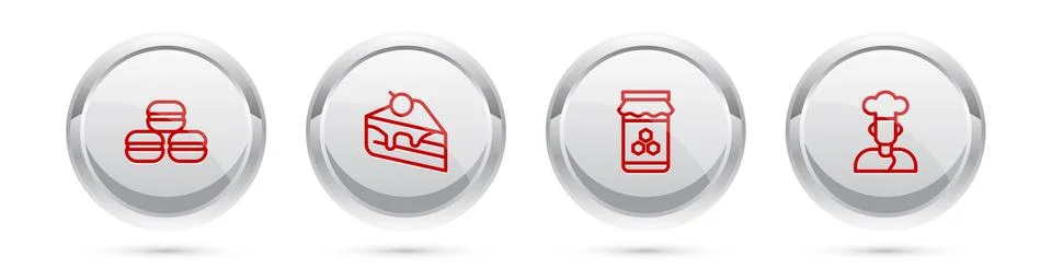 Set line Macaron cookie, Piece of cake, Jar honey and Cook. Silver circle button Stock Illustration