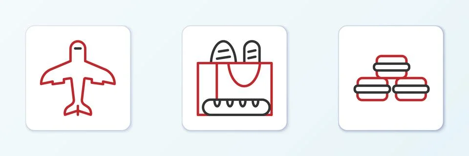 Set line Macaron cookie, Plane and French baguette bread icon. Vector Ilustración de archivo