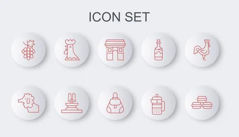 Set line Macaron cookie, Poodle dog, Triumphal Arch, French press, Grape fruit Stock Illustration