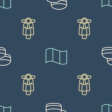 Set line Macaron cookie, Scooter and Flag France on seamless pattern. Vector 스톡 일러스트